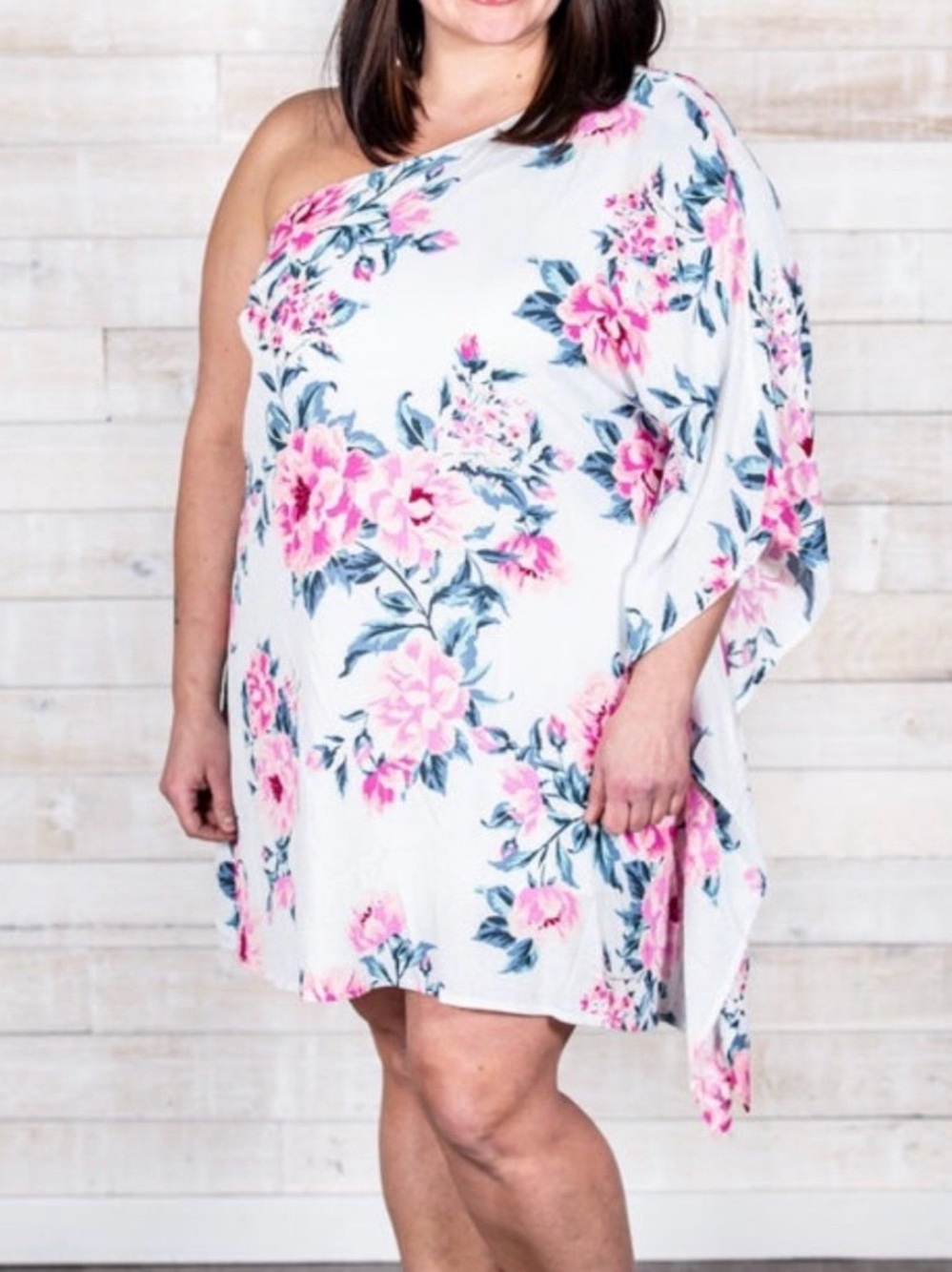 ANDREE BY UNIT One-Shoulder White Dress with Pink Floral Print